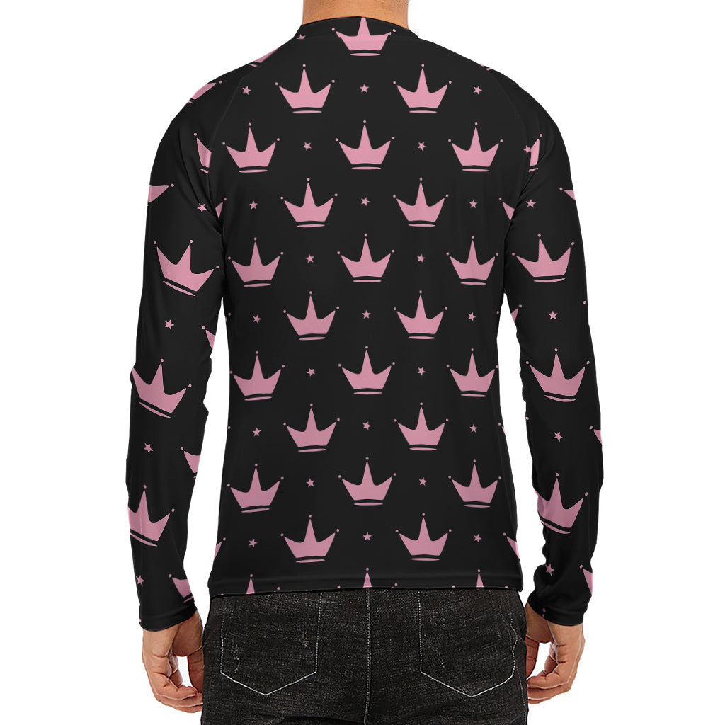 Pink Crown Pattern Print Men's Long Sleeve Rash Guard