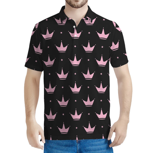 Pink Crown Pattern Print Men's Polo Shirt