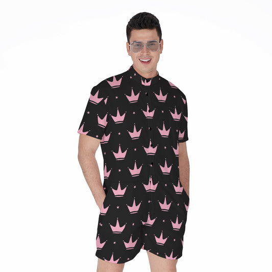 Pink Crown Pattern Print Men's Rompers