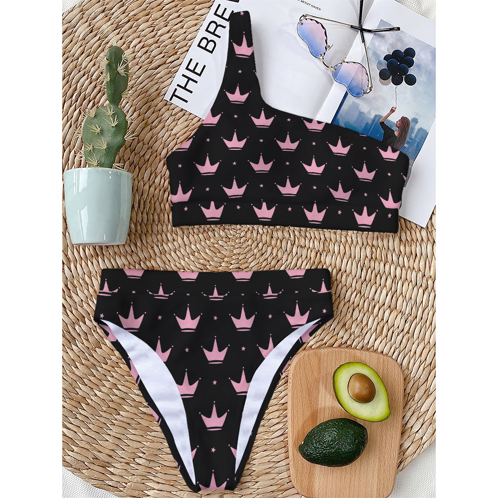 Pink Crown Pattern Print One Shoulder Bikini Top