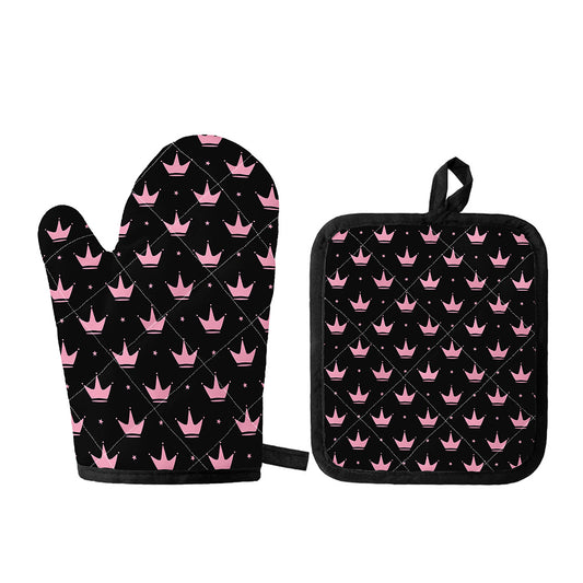 Pink Crown Pattern Print Oven Mitt And Pot Holder Set