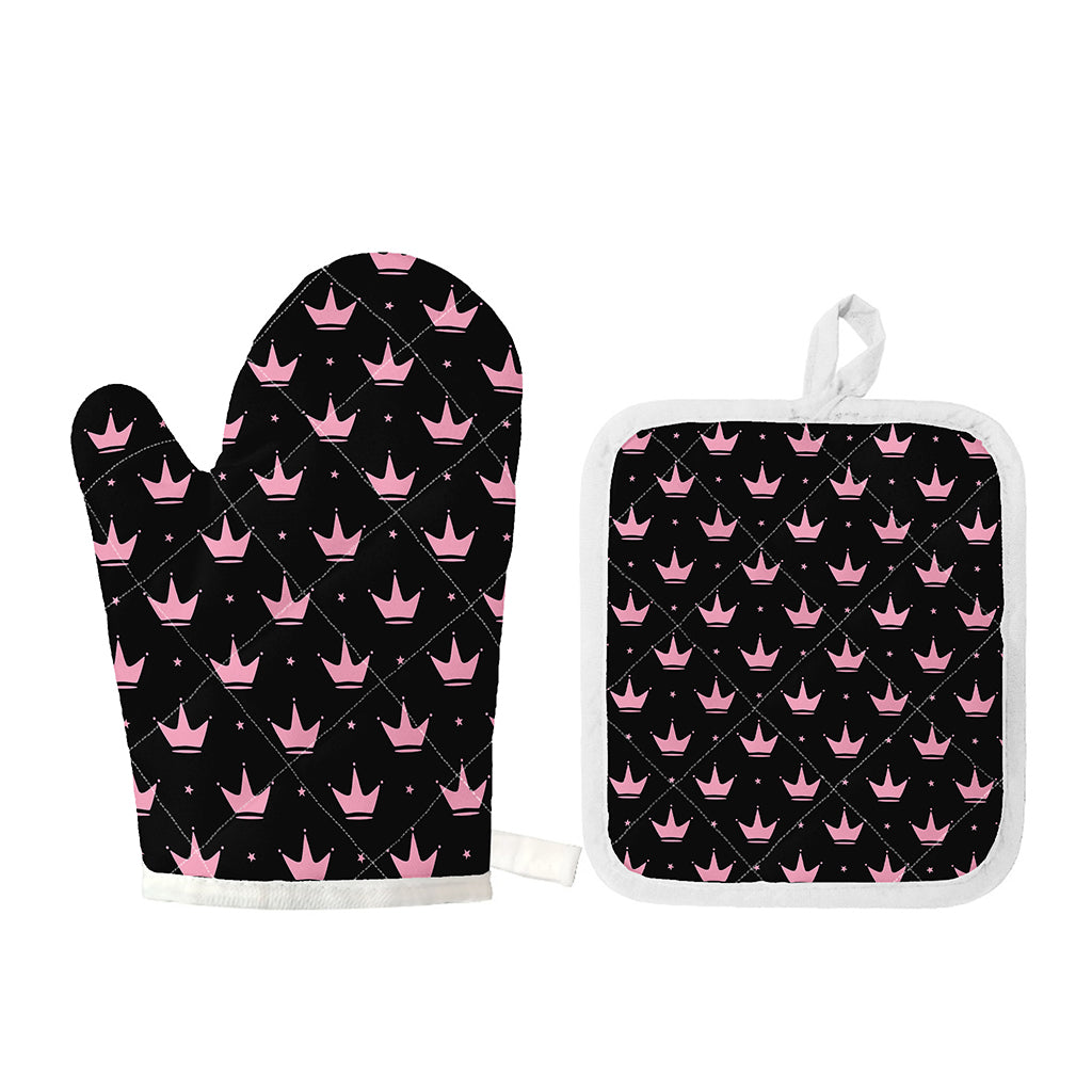 Pink Crown Pattern Print Oven Mitt And Pot Holder Set