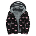 Pink Crown Pattern Print Sherpa Lined Zip Up Hoodie