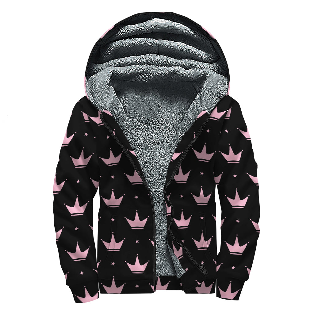 Pink Crown Pattern Print Sherpa Lined Zip Up Hoodie