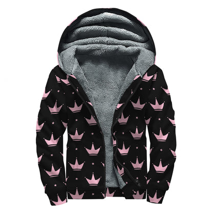 Pink Crown Pattern Print Sherpa Lined Zip Up Hoodie