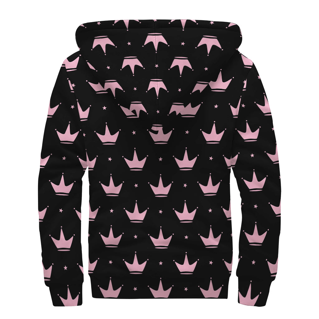 Pink Crown Pattern Print Sherpa Lined Zip Up Hoodie