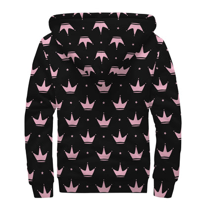 Pink Crown Pattern Print Sherpa Lined Zip Up Hoodie