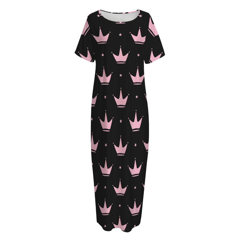 Pink Crown Pattern Print Short Sleeve Long Nightdress