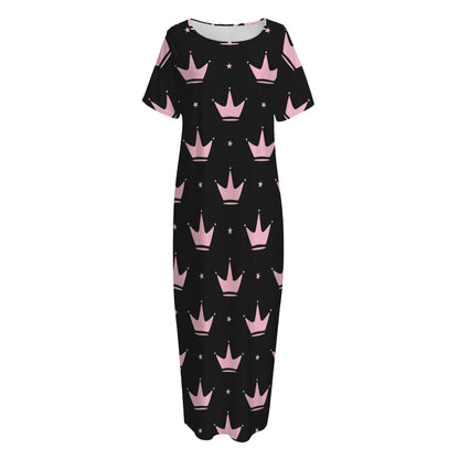 Pink Crown Pattern Print Short Sleeve Long Nightdress