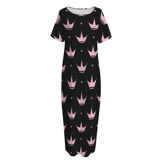 Pink Crown Pattern Print Short Sleeve Long Nightdress