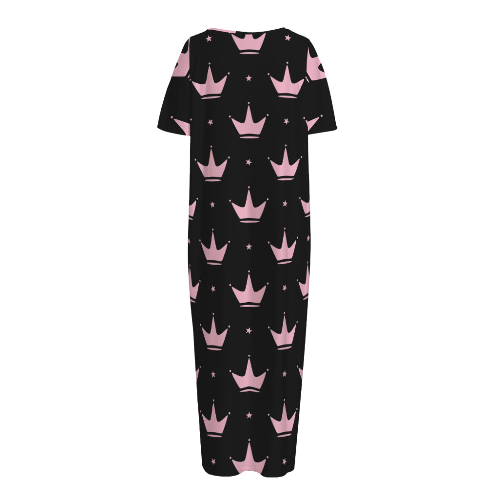 Pink Crown Pattern Print Short Sleeve Long Nightdress