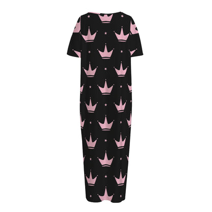 Pink Crown Pattern Print Short Sleeve Long Nightdress
