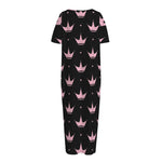 Pink Crown Pattern Print Short Sleeve Long Nightdress