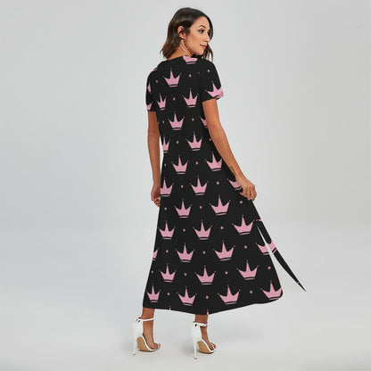 Pink Crown Pattern Print Short Sleeve Maxi Dress
