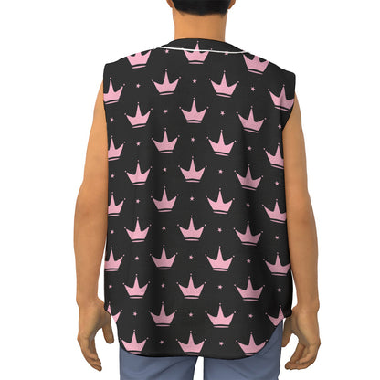 Pink Crown Pattern Print Sleeveless Baseball Jersey