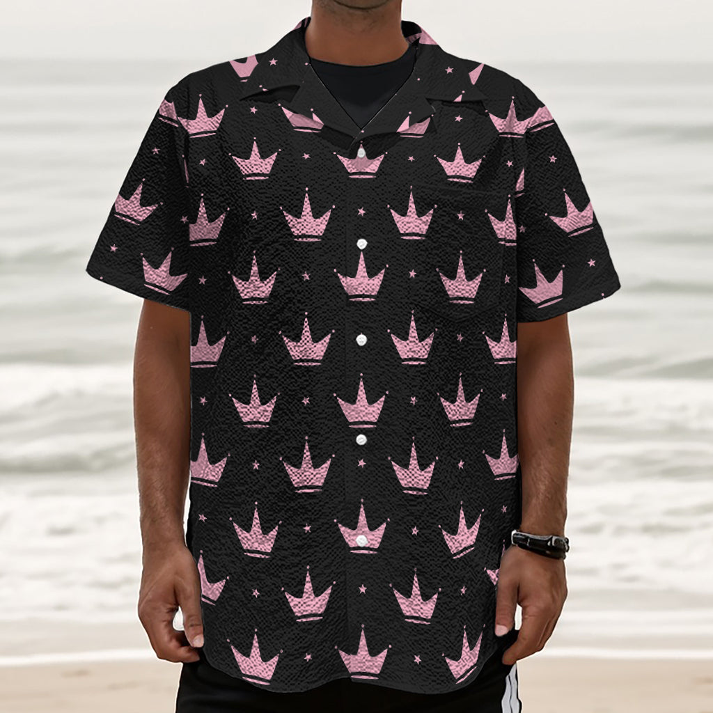 Pink Crown Pattern Print Textured Short Sleeve Shirt
