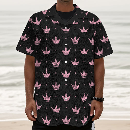 Pink Crown Pattern Print Textured Short Sleeve Shirt