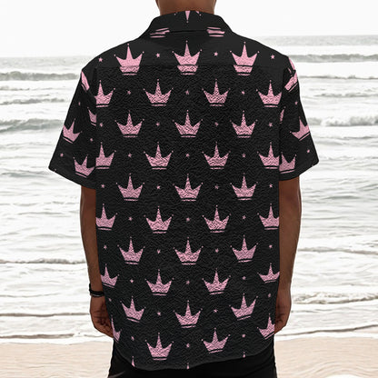 Pink Crown Pattern Print Textured Short Sleeve Shirt