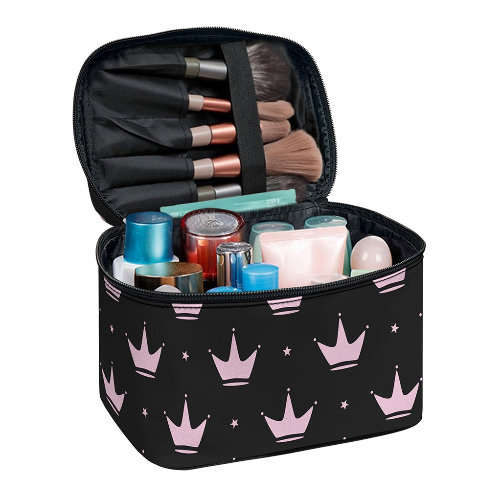 Pink Crown Pattern Print Travel Makeup Bag