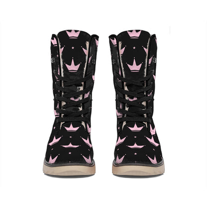 Pink Crown Pattern Print Winter Boots