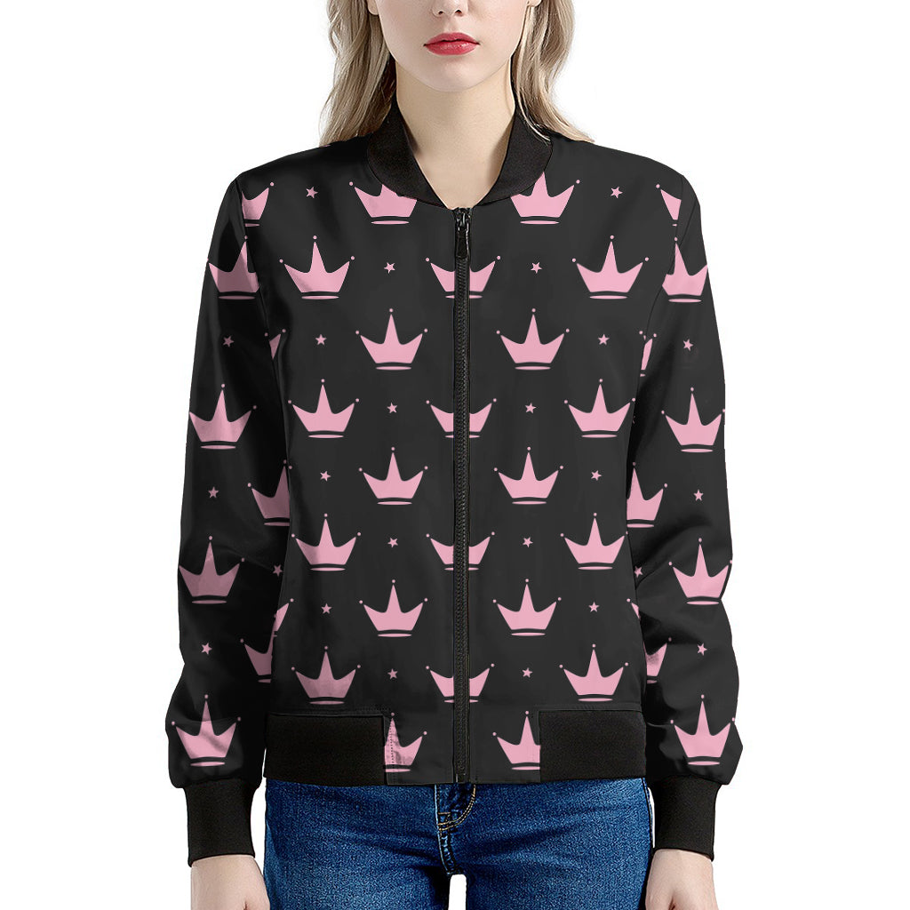 Pink Crown Pattern Print Women's Bomber Jacket