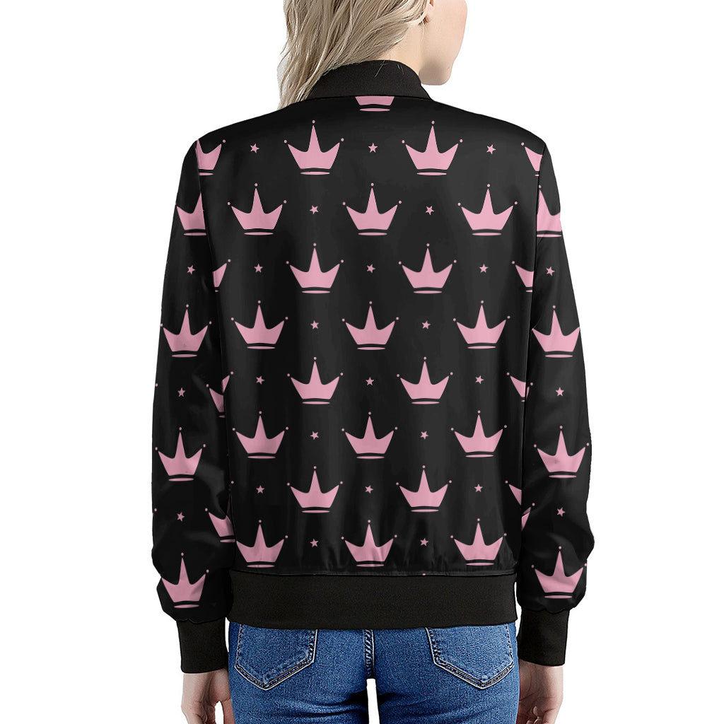 Pink Crown Pattern Print Women's Bomber Jacket