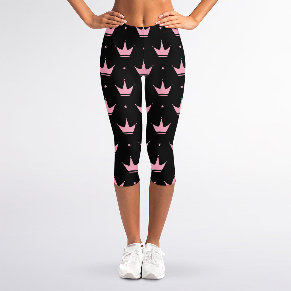 Pink Crown Pattern Print Women's Capri Leggings
