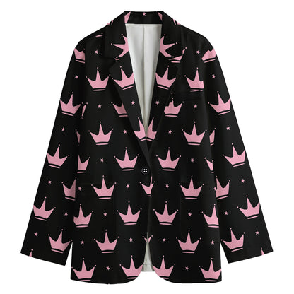 Pink Crown Pattern Print Women's Cotton Blazer