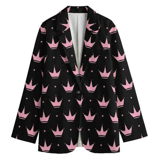 Pink Crown Pattern Print Women's Cotton Blazer
