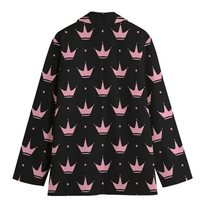 Pink Crown Pattern Print Women's Cotton Blazer