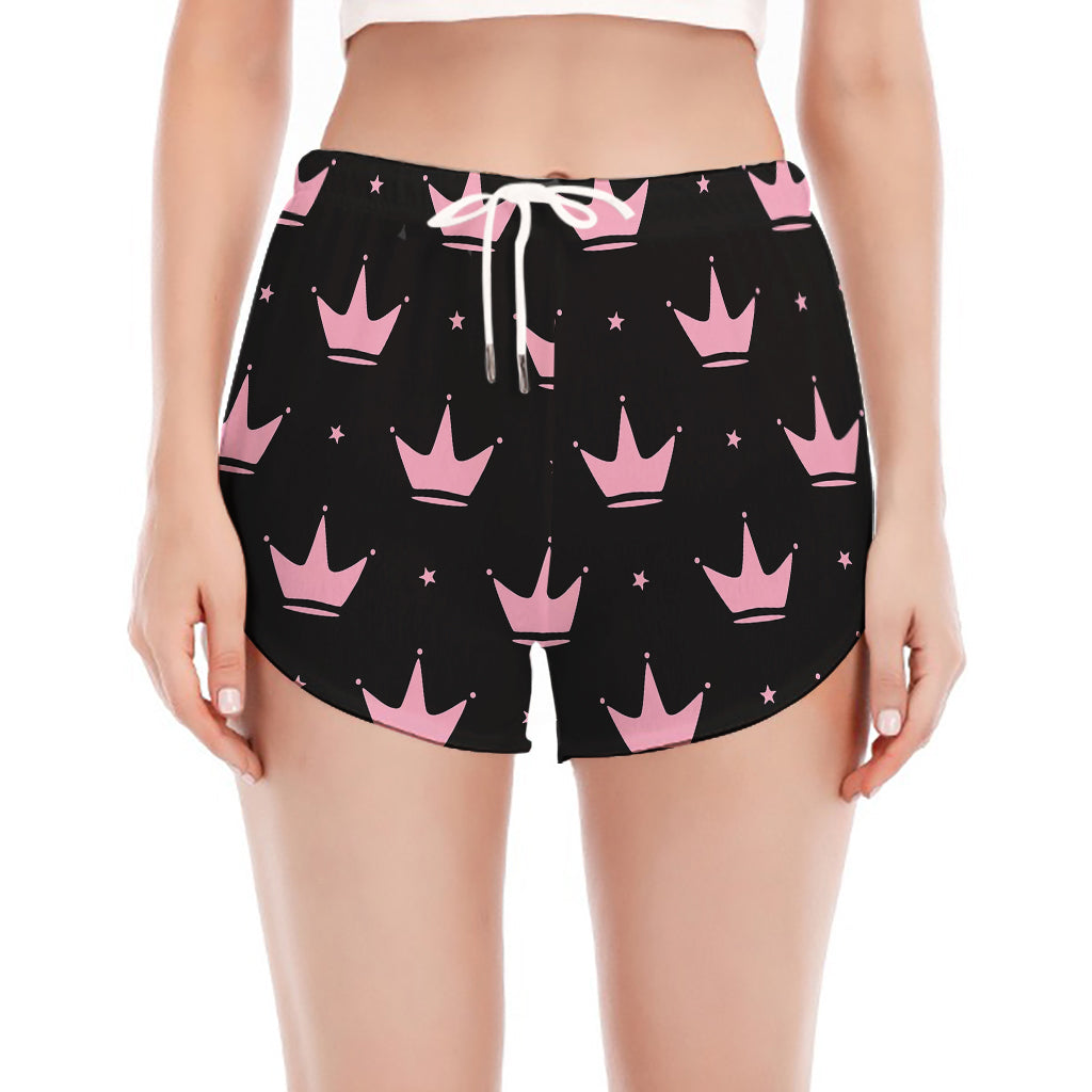 Pink Crown Pattern Print Women's Split Running Shorts
