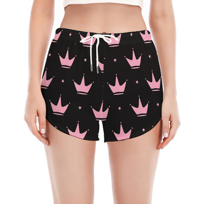 Pink Crown Pattern Print Women's Split Running Shorts