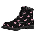 Pink Crown Pattern Print Padded Collar Lace Up Boots