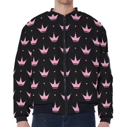 Pink Crown Pattern Print Zip Sleeve Bomber Jacket