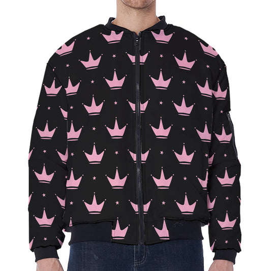 Pink Crown Pattern Print Zip Sleeve Bomber Jacket