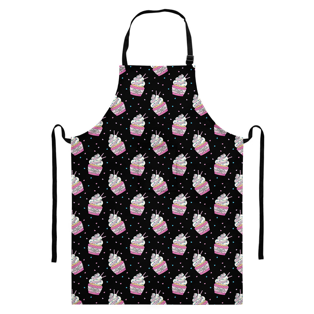 Pink Cupcake Pattern Print Bib Apron With Pocket