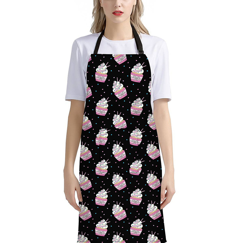 Pink Cupcake Pattern Print Bib Apron With Pocket