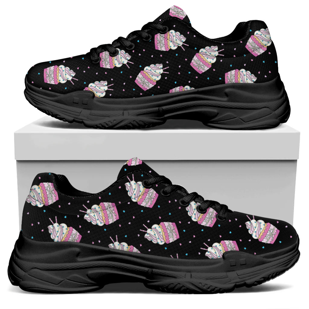 Pink Cupcake Pattern Print Black Chunky Shoes