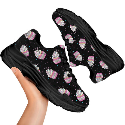 Pink Cupcake Pattern Print Black Chunky Shoes