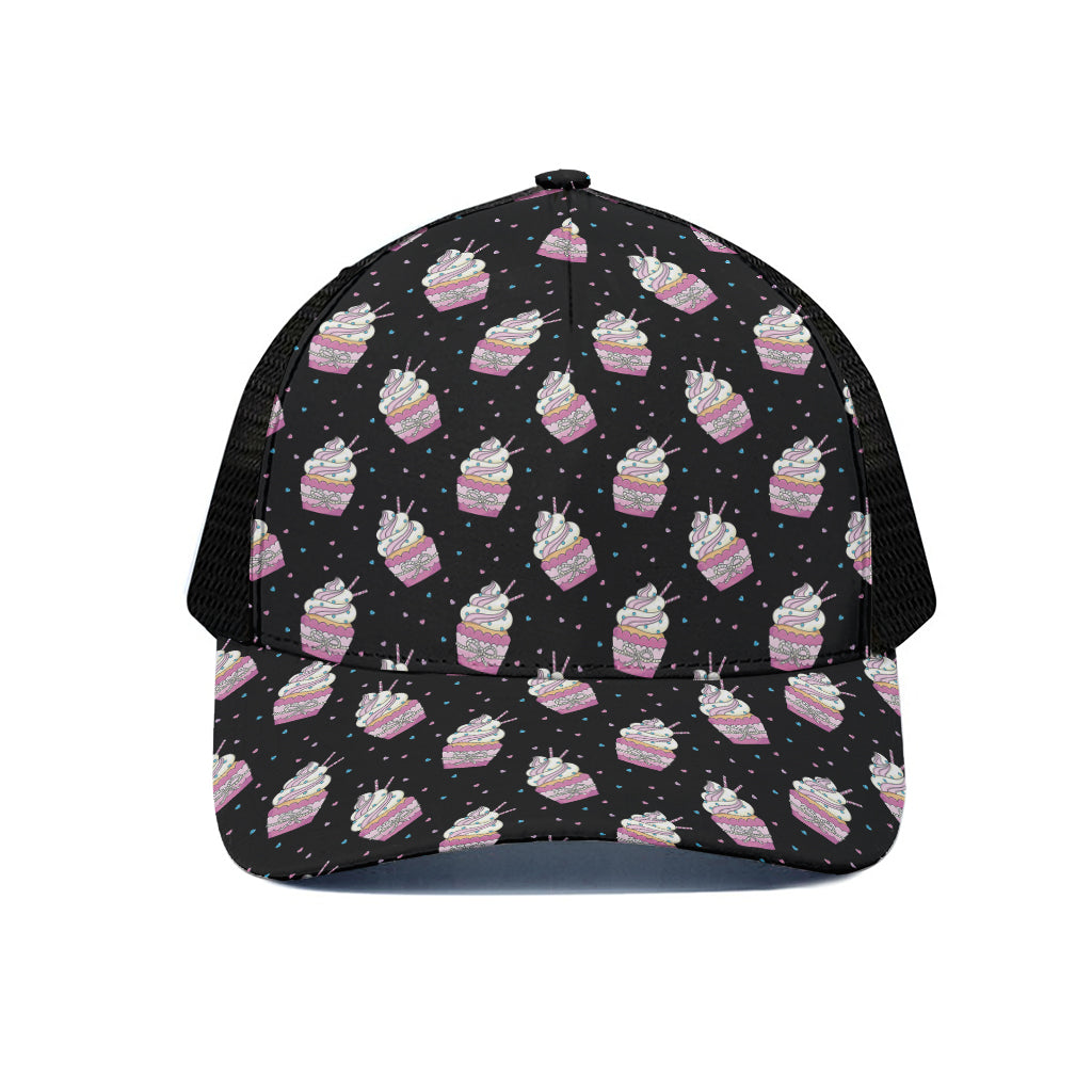 Pink Cupcake Pattern Print Black Mesh Trucker Cap