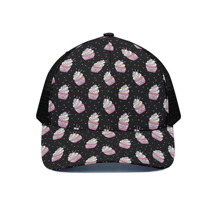 Pink Cupcake Pattern Print Black Mesh Trucker Cap