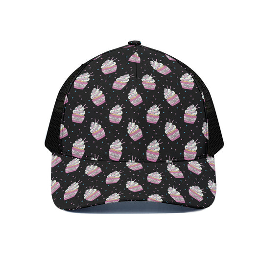 Pink Cupcake Pattern Print Black Mesh Trucker Cap