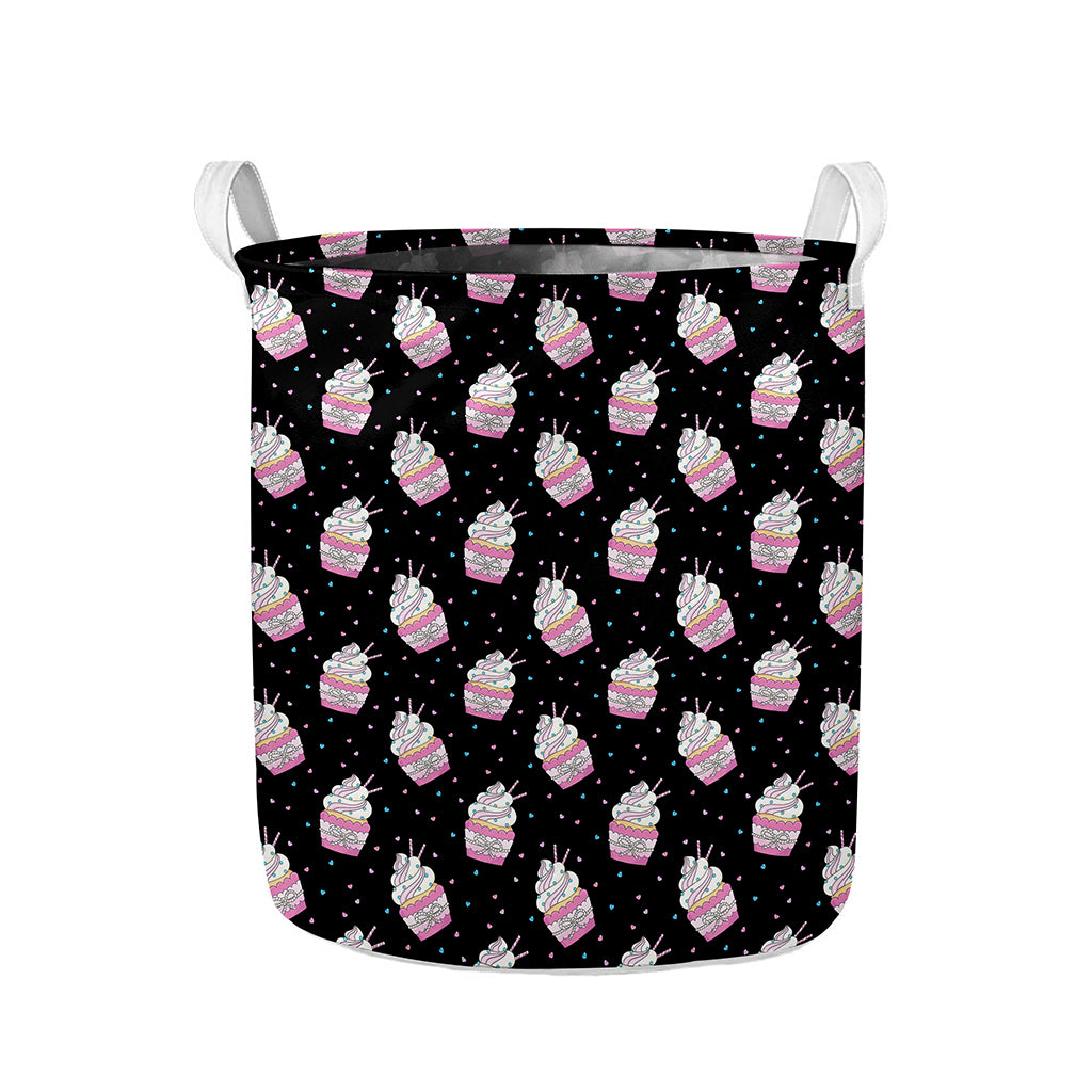 Pink Cupcake Pattern Print Collapsible Laundry Basket