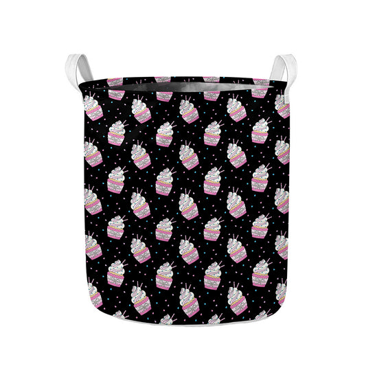 Pink Cupcake Pattern Print Collapsible Laundry Basket