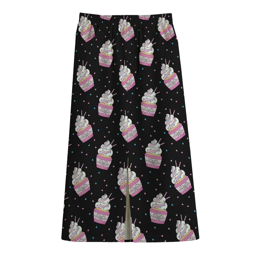 Pink Cupcake Pattern Print Cotton Front Slit Maxi Skirt