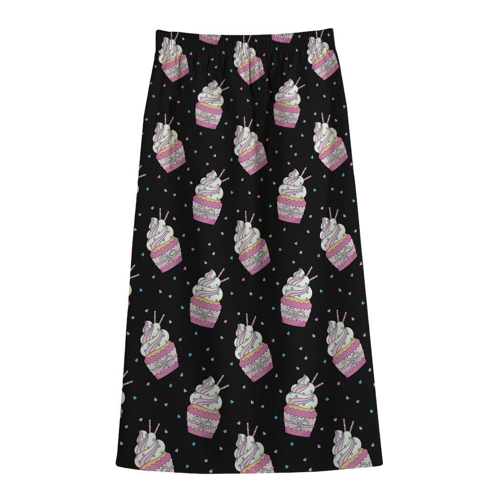 Pink Cupcake Pattern Print Cotton Front Slit Maxi Skirt