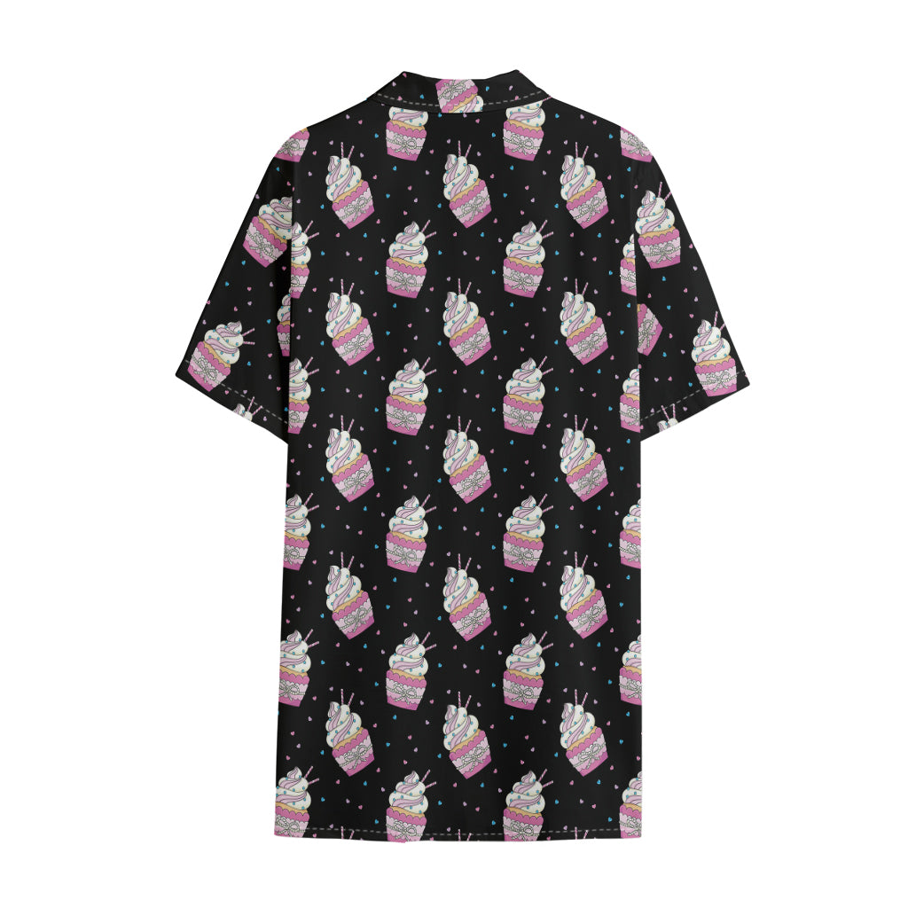 Pink Cupcake Pattern Print Cotton Hawaiian Shirt