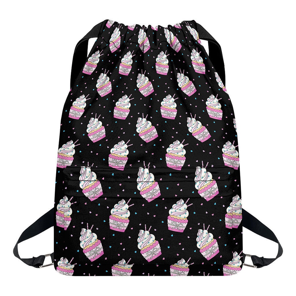 Pink Cupcake Pattern Print Drawstring Backpack