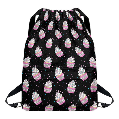 Pink Cupcake Pattern Print Drawstring Backpack