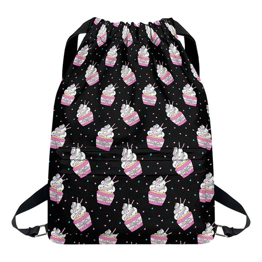 Pink Cupcake Pattern Print Drawstring Backpack